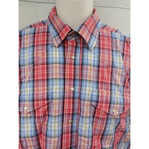 Wrangler American Cowboys Pearl Snaps Shirt Plaid Red Blue Short Sleeve XL - Picture 2 of 9